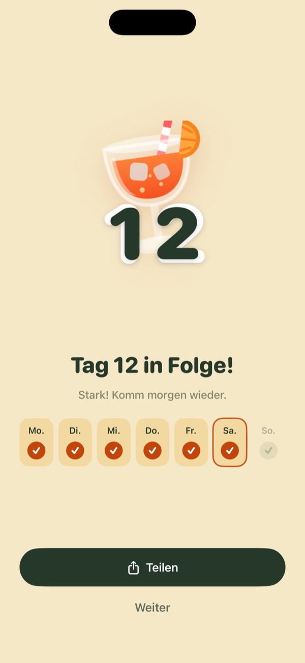 Feier-Bildschirm mit der Meldung „Tag 12 in Folge!“.