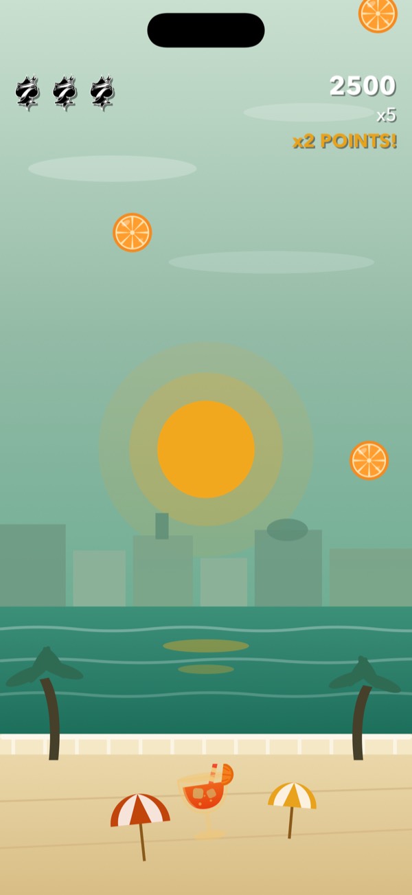 Gameplay: the glass catches an orange slice, the score reads 2500 at combo x5.