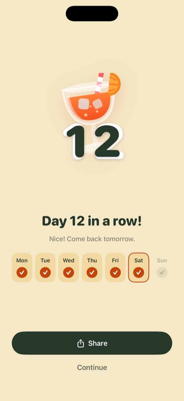 Celebration screen reading “Day 12 in a row!”.